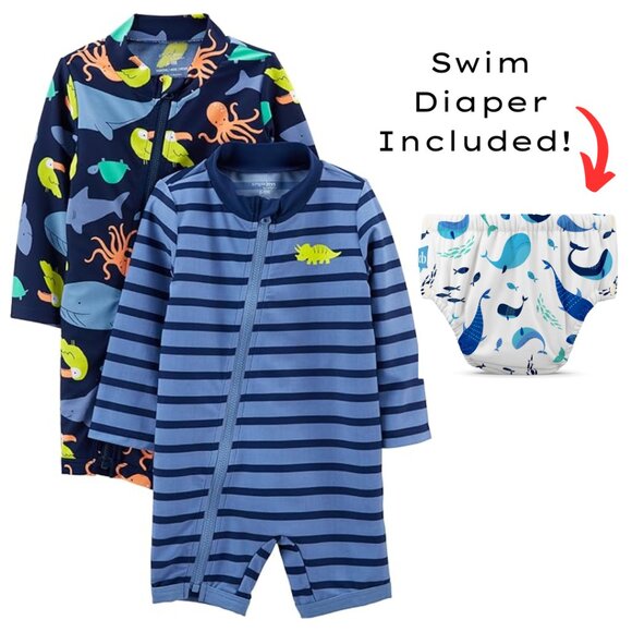 Simple Joys by Carter's 2-Pack Rashguards + Charlie Banana Swim Diaper 6-9 M - Picture 1 of 15
